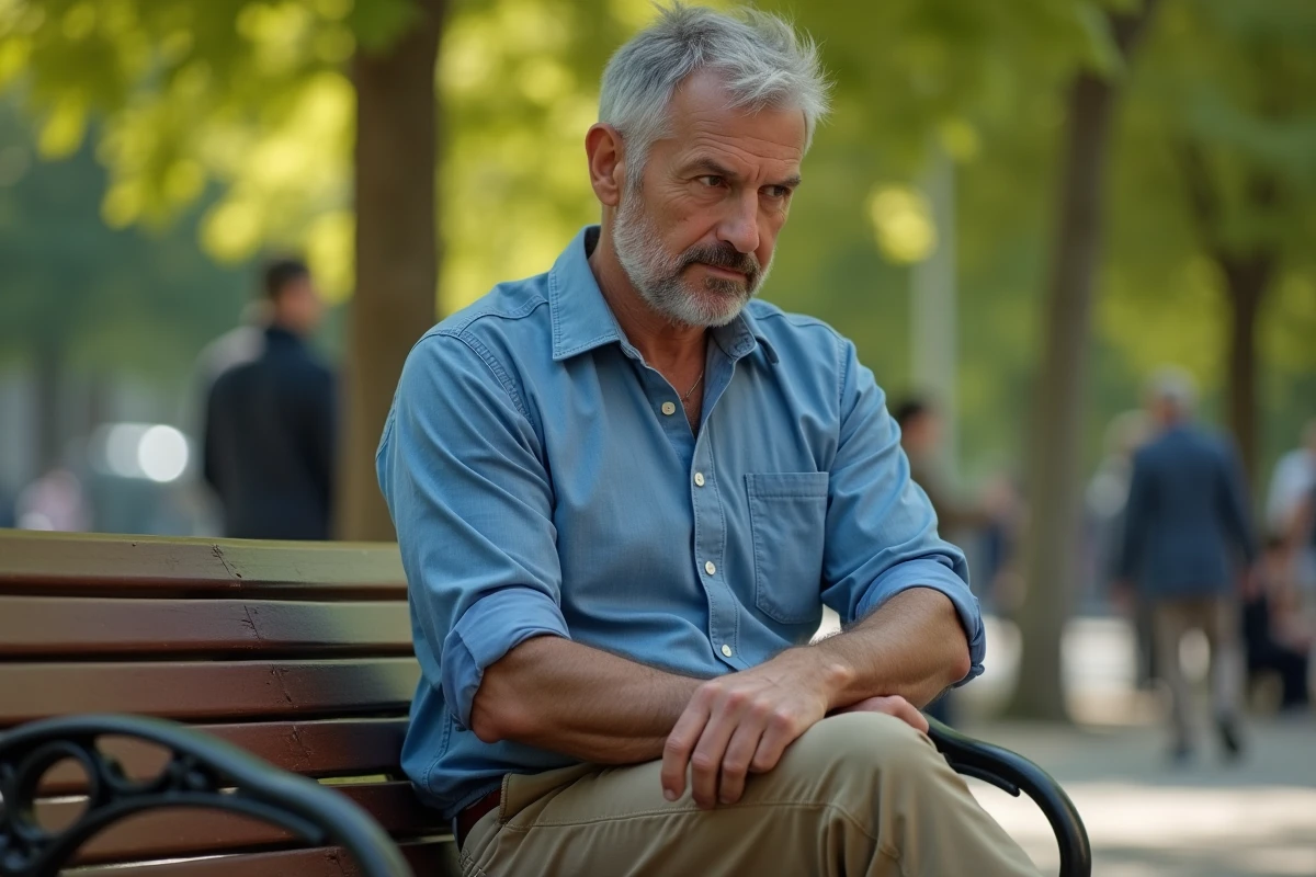 Homme en park tenant une écharpe sur ses bras marbrés