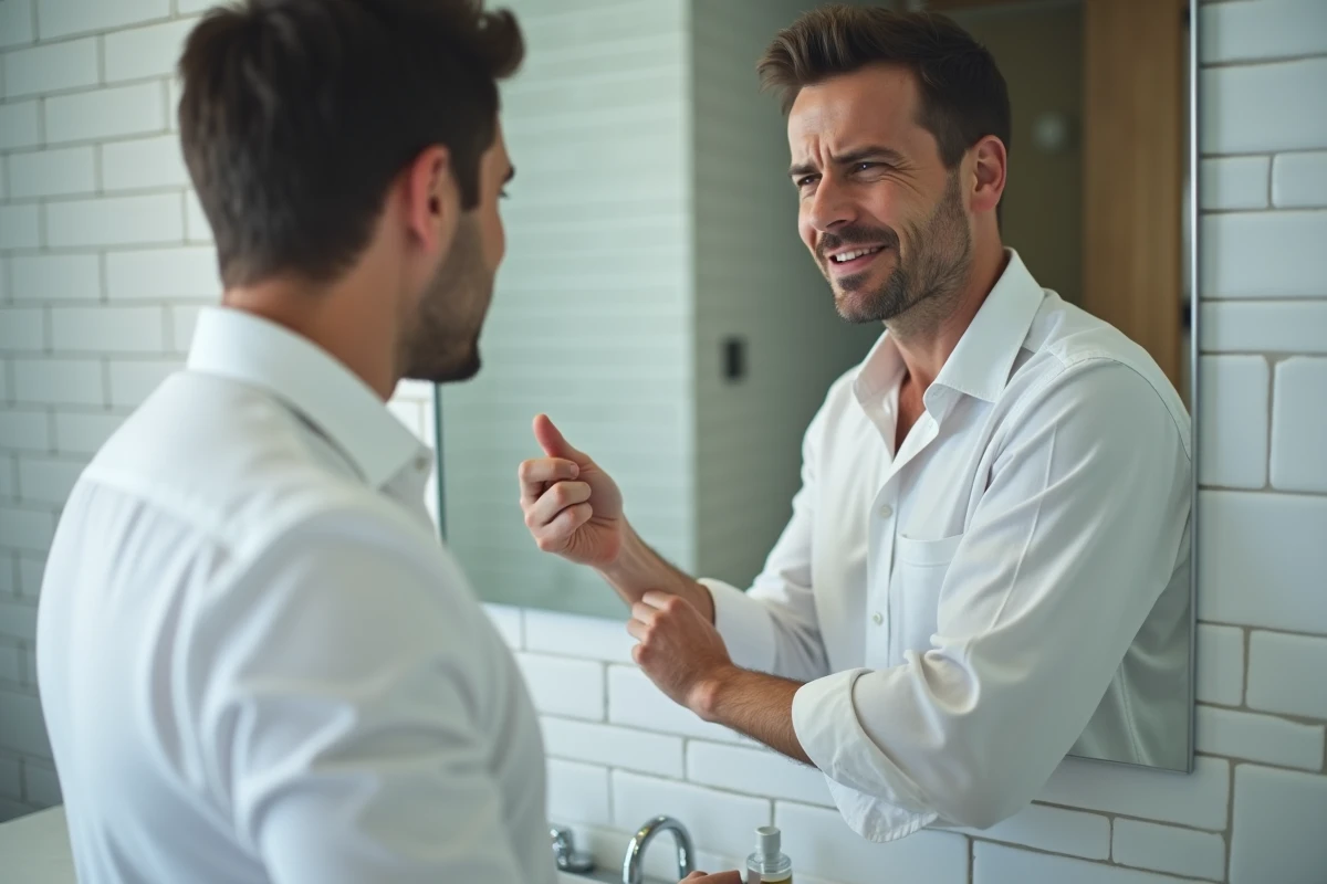 Homme examinant son aisselle gauche devant le miroir de sa salle de bain avec une expression préoccupée