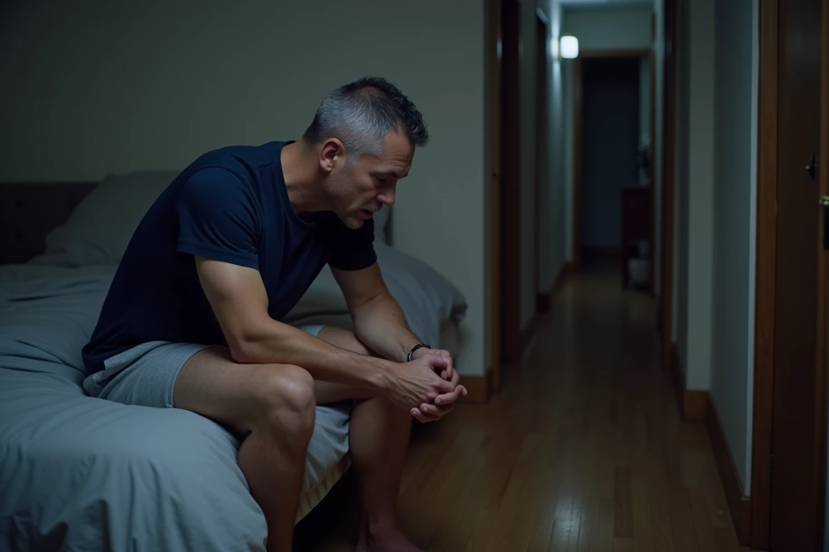Homme assis au bord du lit la nuit, souffrant d'insomnies et de réveils nocturnes répétés