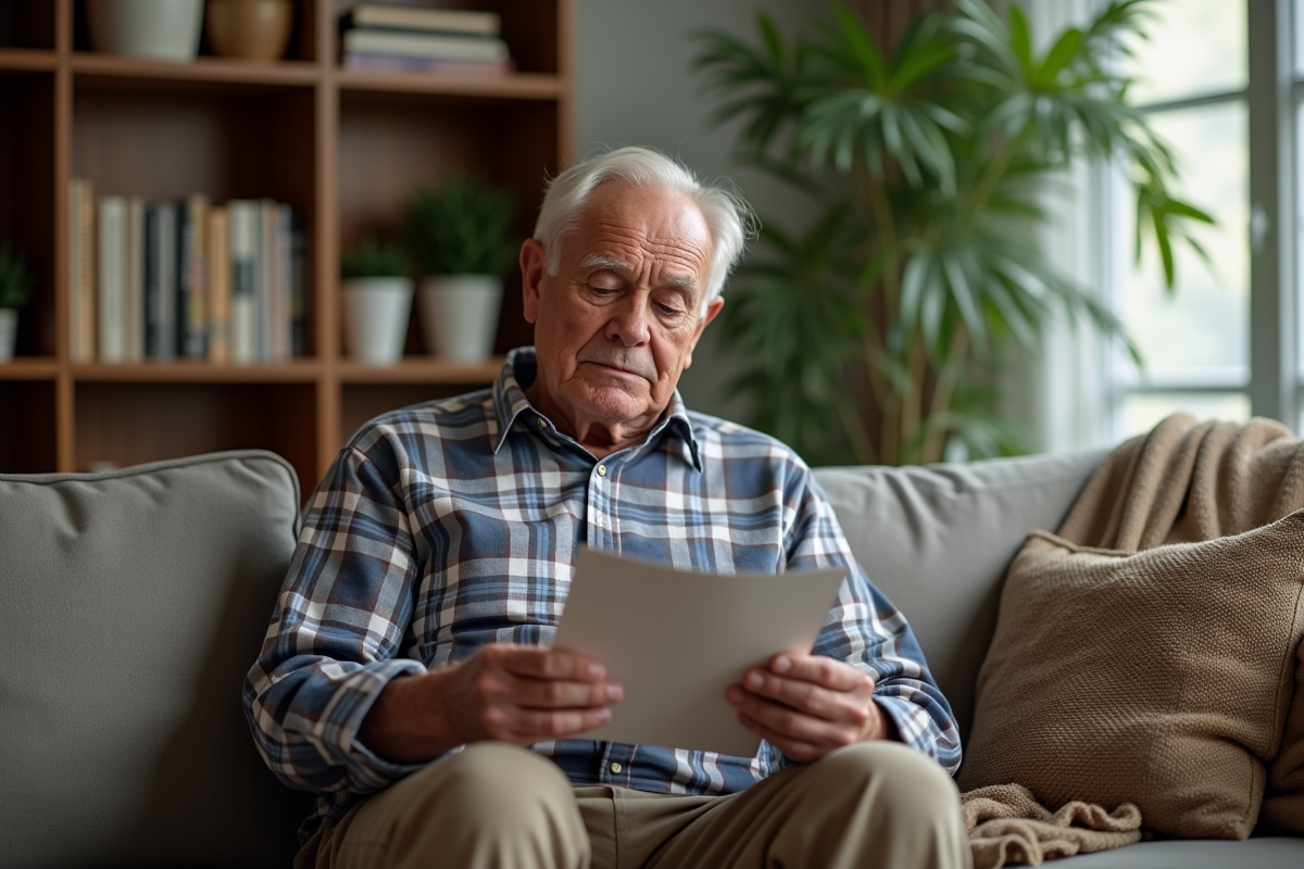 Homme âgé lisant un brochure dans un salon chaleureux
