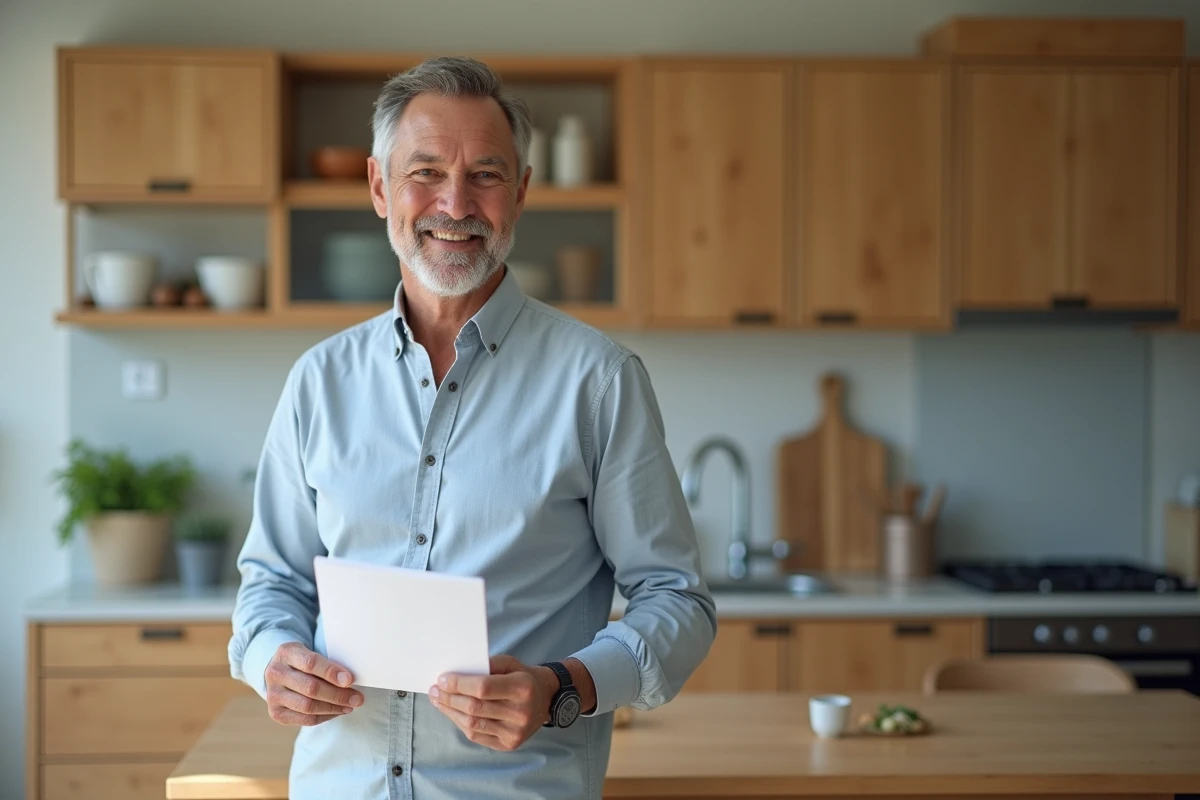 Homme souriant tenant un livret médical dans sa cuisine