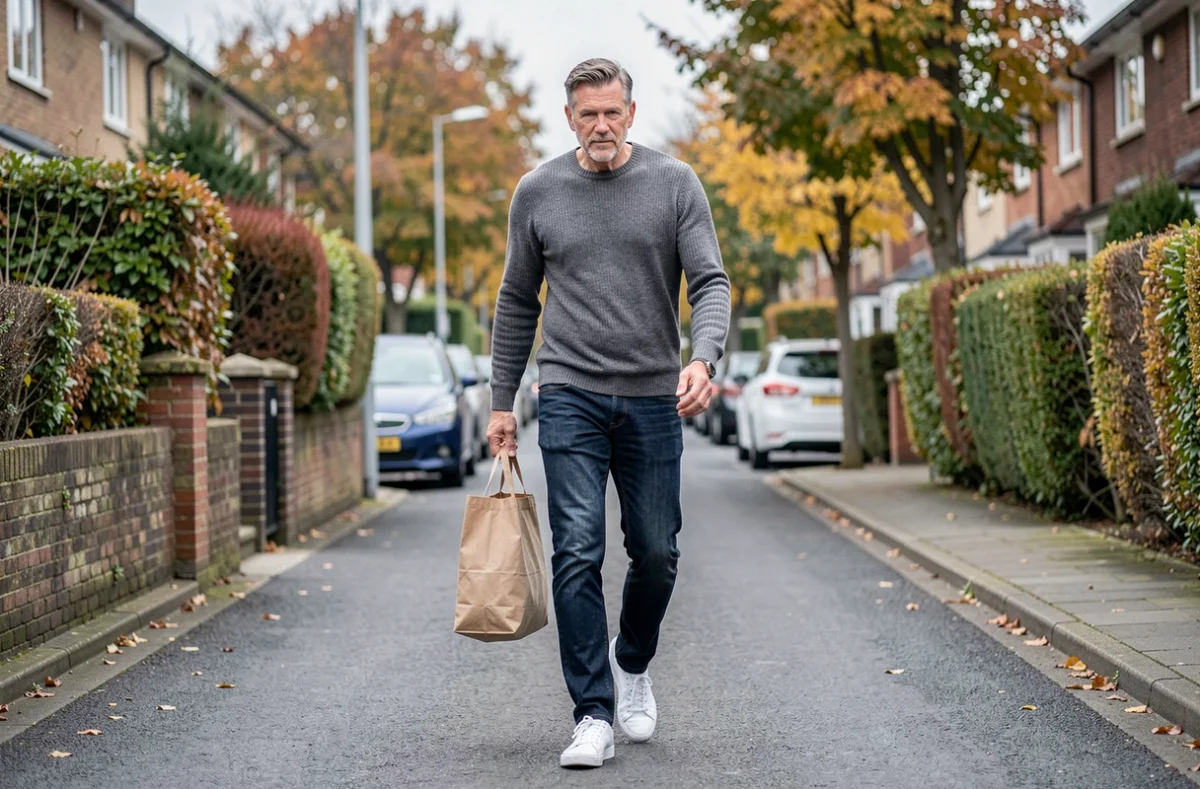 Homme marchant calmement dans une rue résidentielle avec un sac de courses, représentant une allure de marche normale en promenade