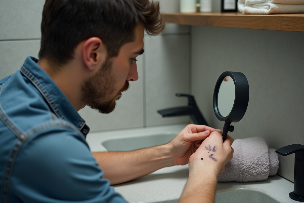 Homme inspectant une tache de peau avec une loupe dans la salle de bain
