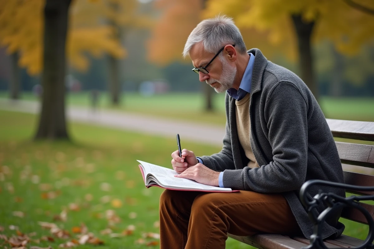 Homme écrivant dans un journal en plein air dans un parc verdoyant