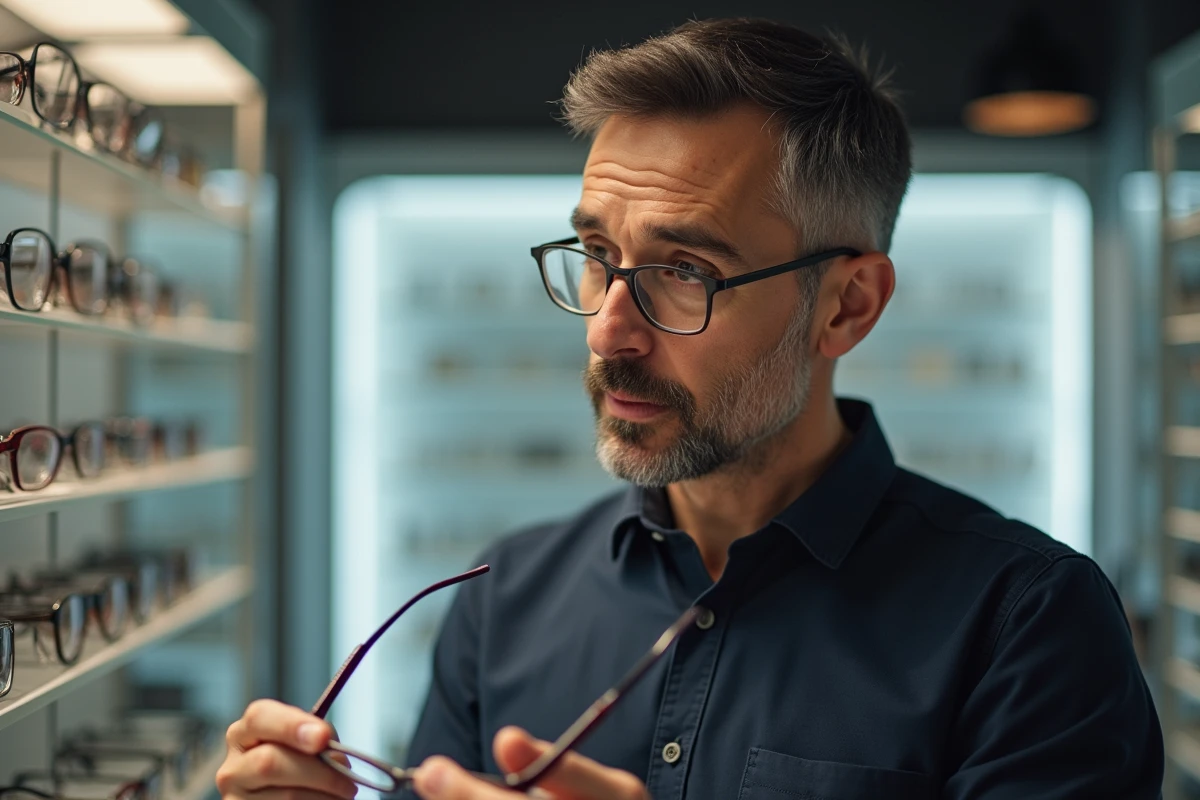 Homme comparant des montures fines en titane dans un magasin d'optique pour trouver des lunettes adaptées à sa forte correction