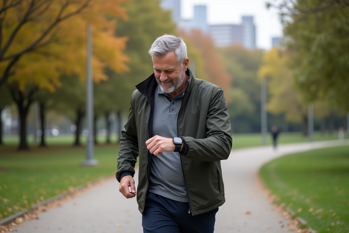 Homme marchant dans un parc urbain avec un tracker fitness