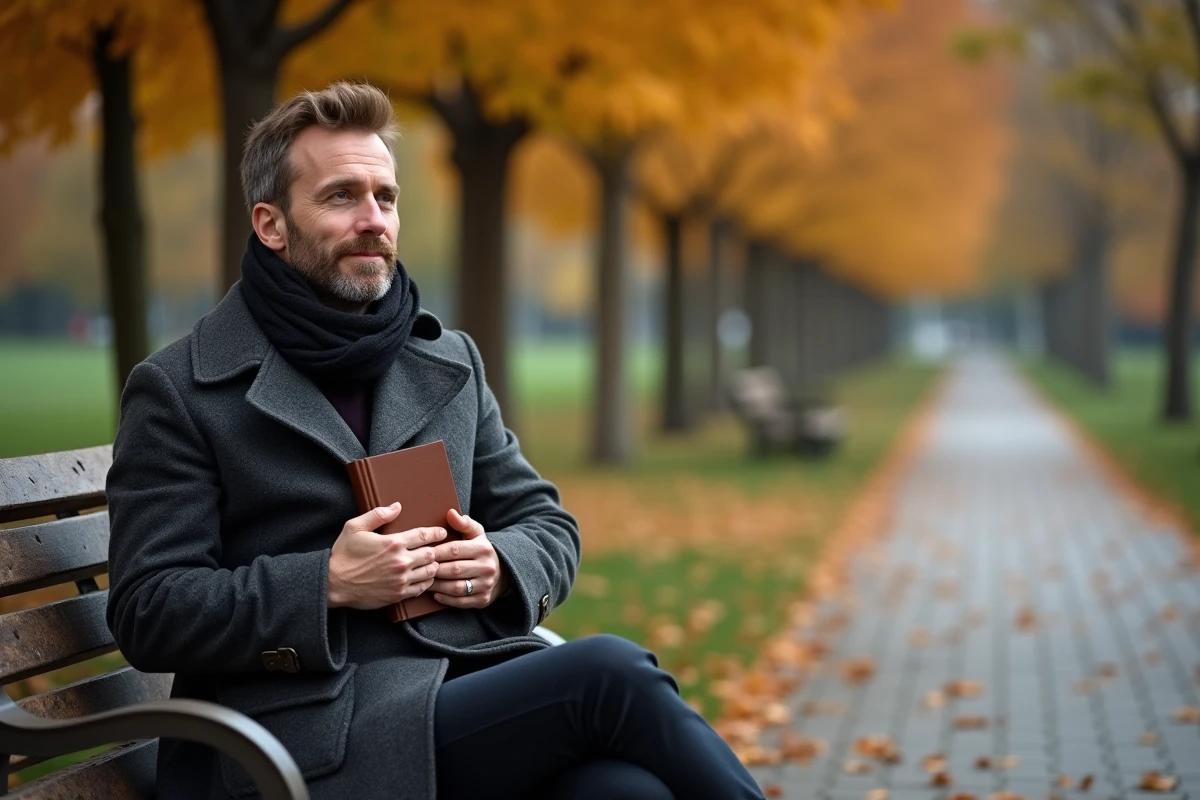Homme pensif assis sur un banc dans un parc en automne, tenant un livre contre lui, évoquant la réflexion intérieure et la quête de sérénité