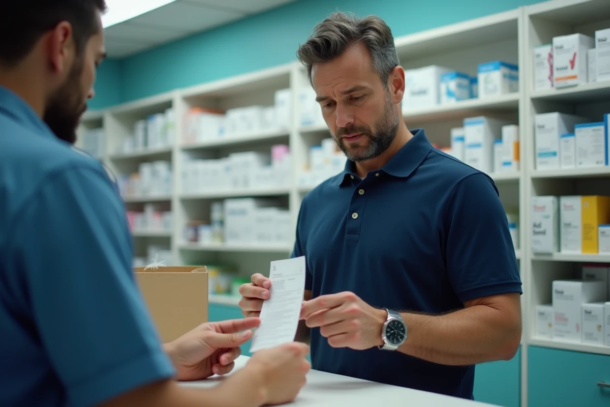 Homme vérifiant une ordonnance à la pharmacie d
