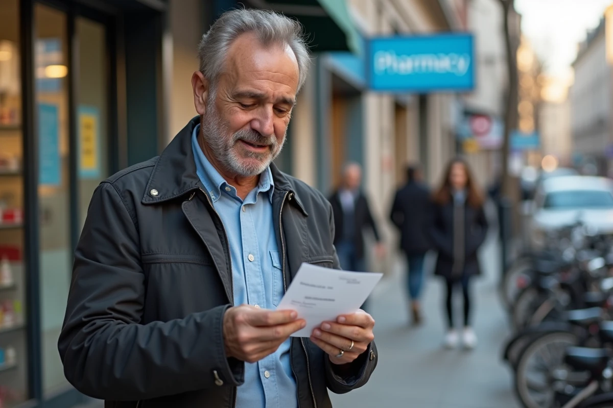 Homme vérifiant un reçu devant une pharmacie urbaine