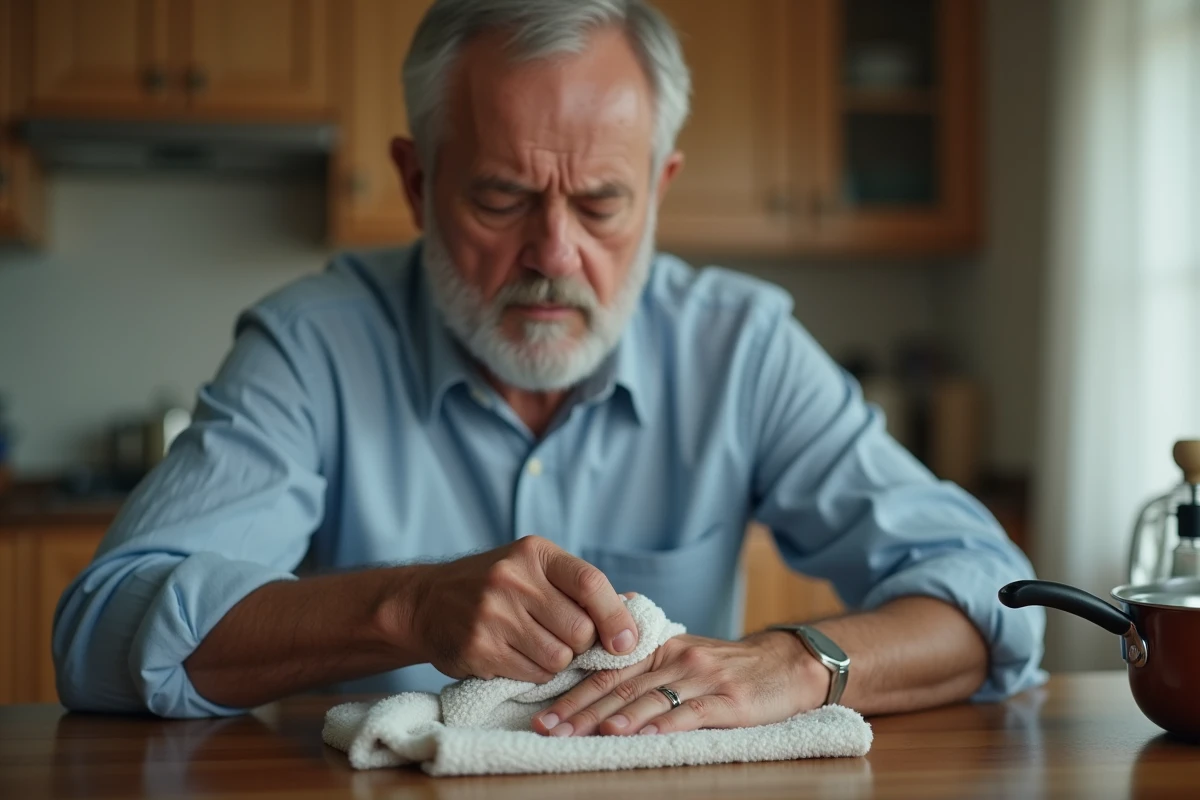 Homme de dos soignant une blessure à la main avec un linge humide