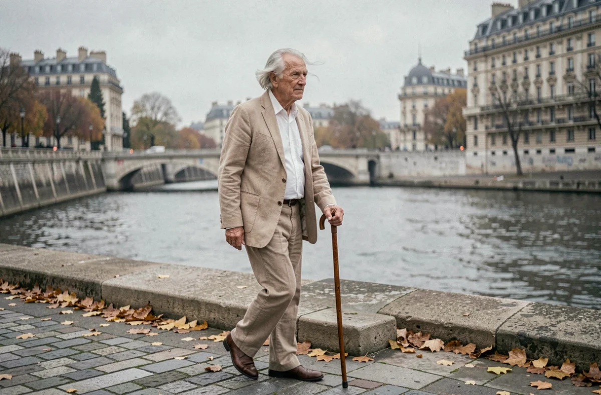 Homme politique âgé marchant avec une canne sur les quais de la Seine à Paris en automne, air fatigué et fragile