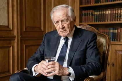 Portrait d'un homme politique français âgé en costume sombre assis dans un intérieur parisien classique, air pensif et fatigué