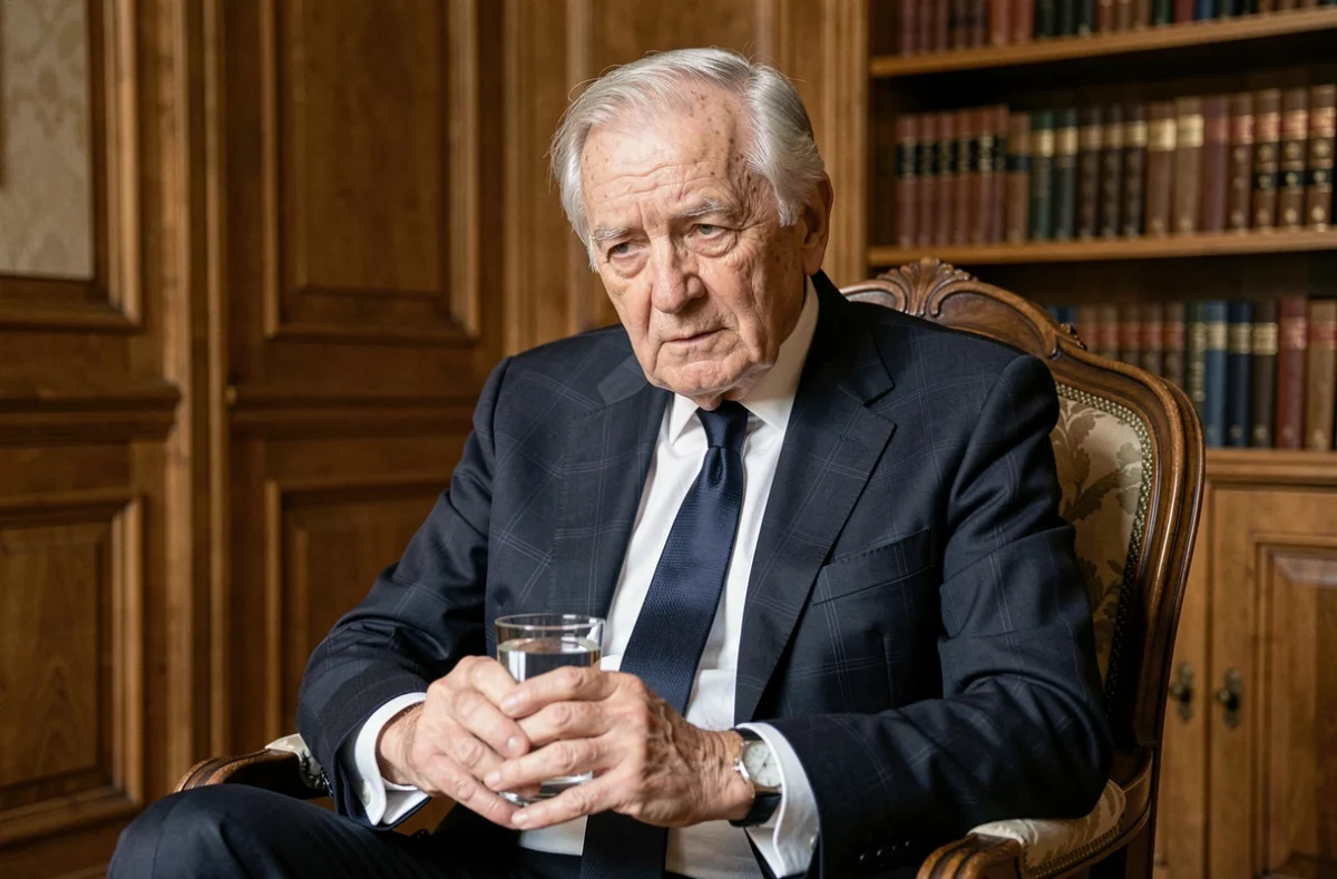 Portrait d'un homme politique français âgé en costume sombre assis dans un intérieur parisien classique, air pensif et fatigué