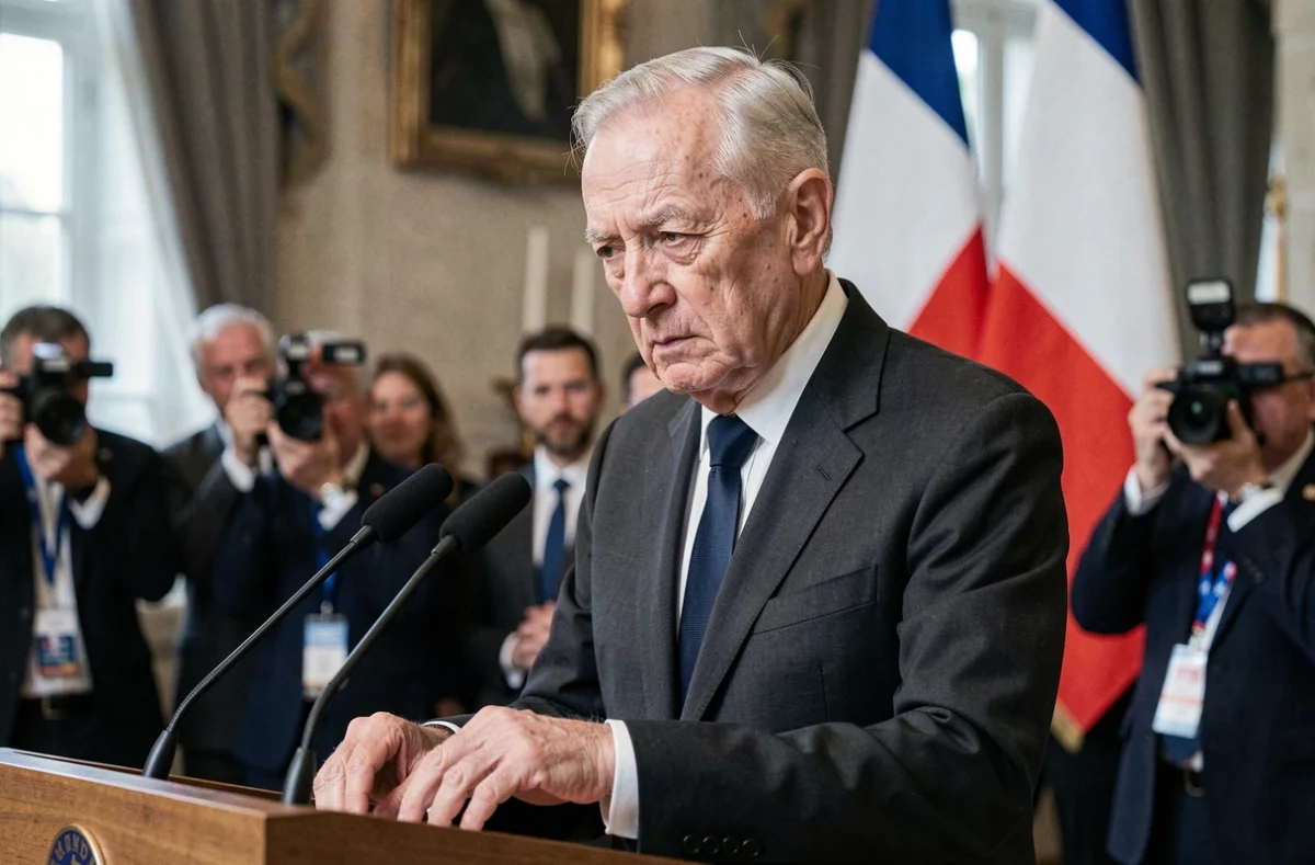 Homme politique français âgé à un pupitre lors d'une apparition publique officielle, visage amaigri et expression déterminée