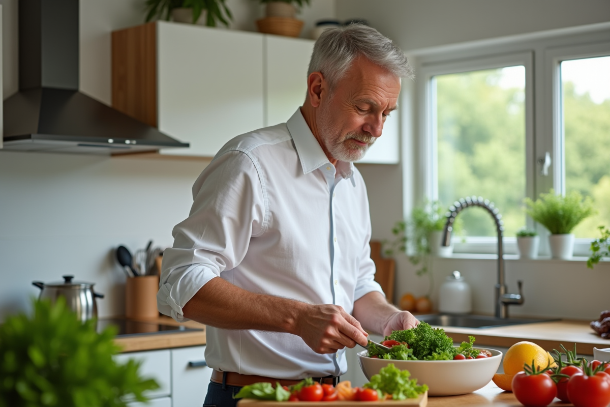 Homme en cuisine préparant une salade colorée