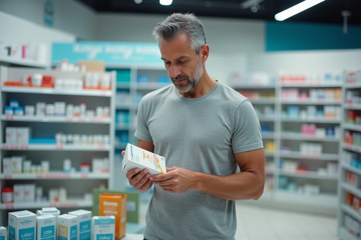 Homme lisant l'étiquette d'une boîte de probiotiques en pharmacie pour protéger son estomac sensible