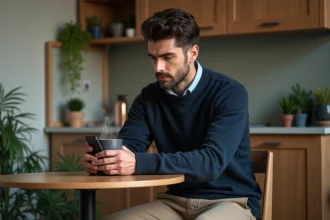 Homme pensif tenant une tasse dans une cuisine chaleureuse
