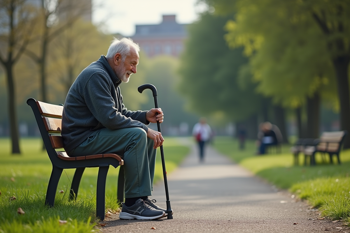 Homme âgé assis sur un banc dans un parc urbain