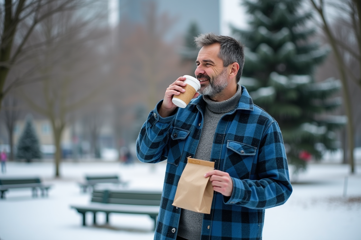 Homme buvant un café dans un parc enneige avec un sac de vitamines