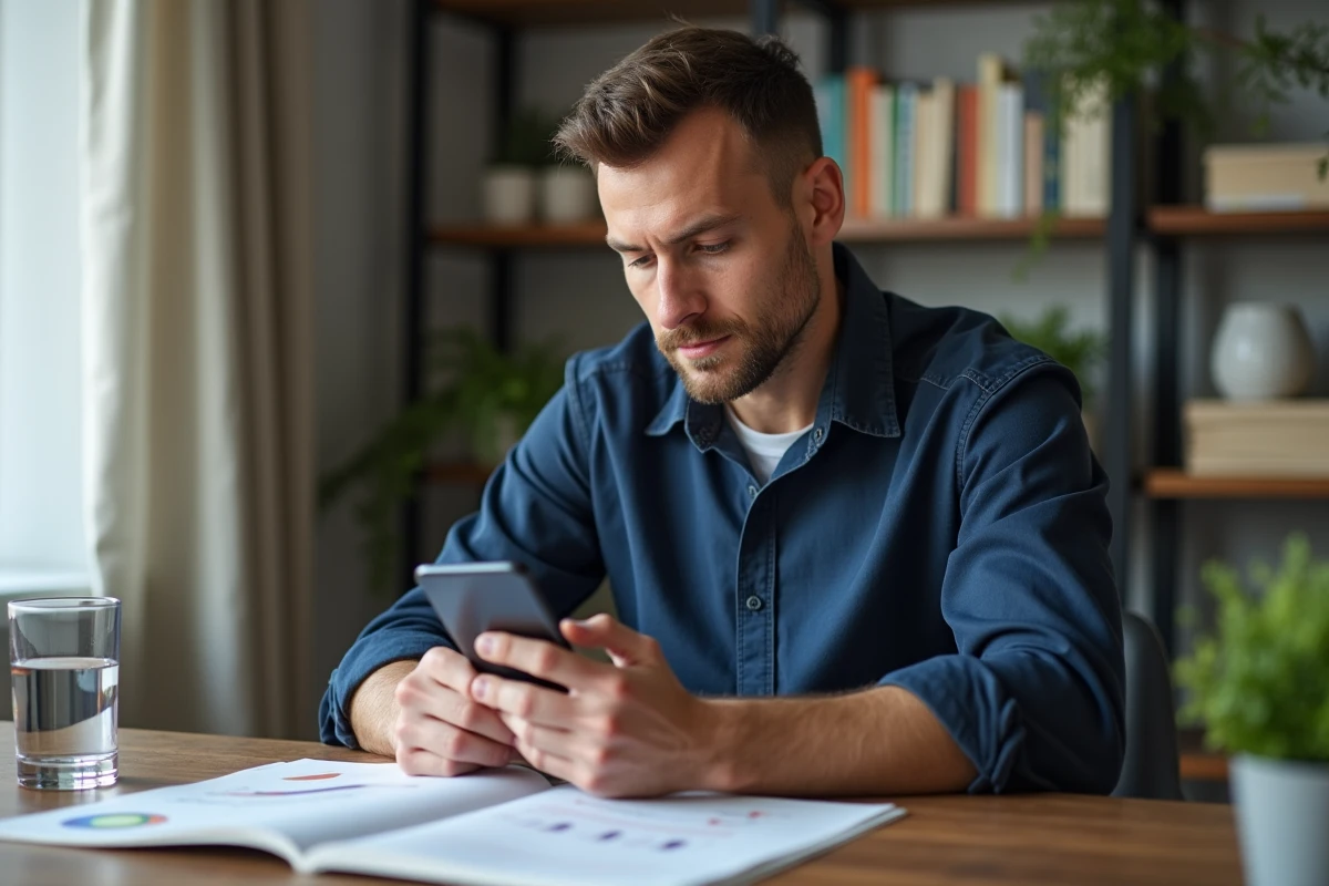 Homme consultant son programme de régime sur smartphone avec un plan alimentaire ouvert sur un bureau
