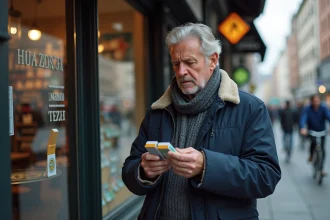 Homme d'âge moyen regardant des paquets de cigarettes dans une rue belge