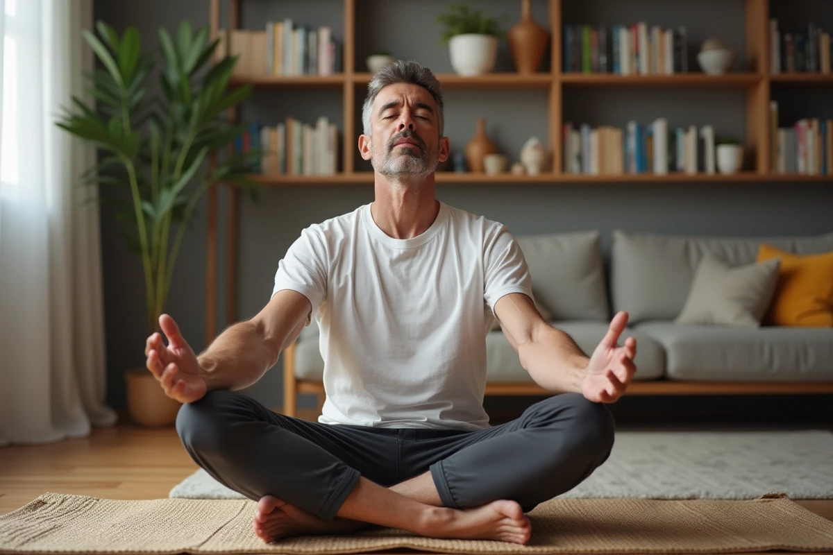 Homme méditant assis sur un tapis dans un salon lumineux