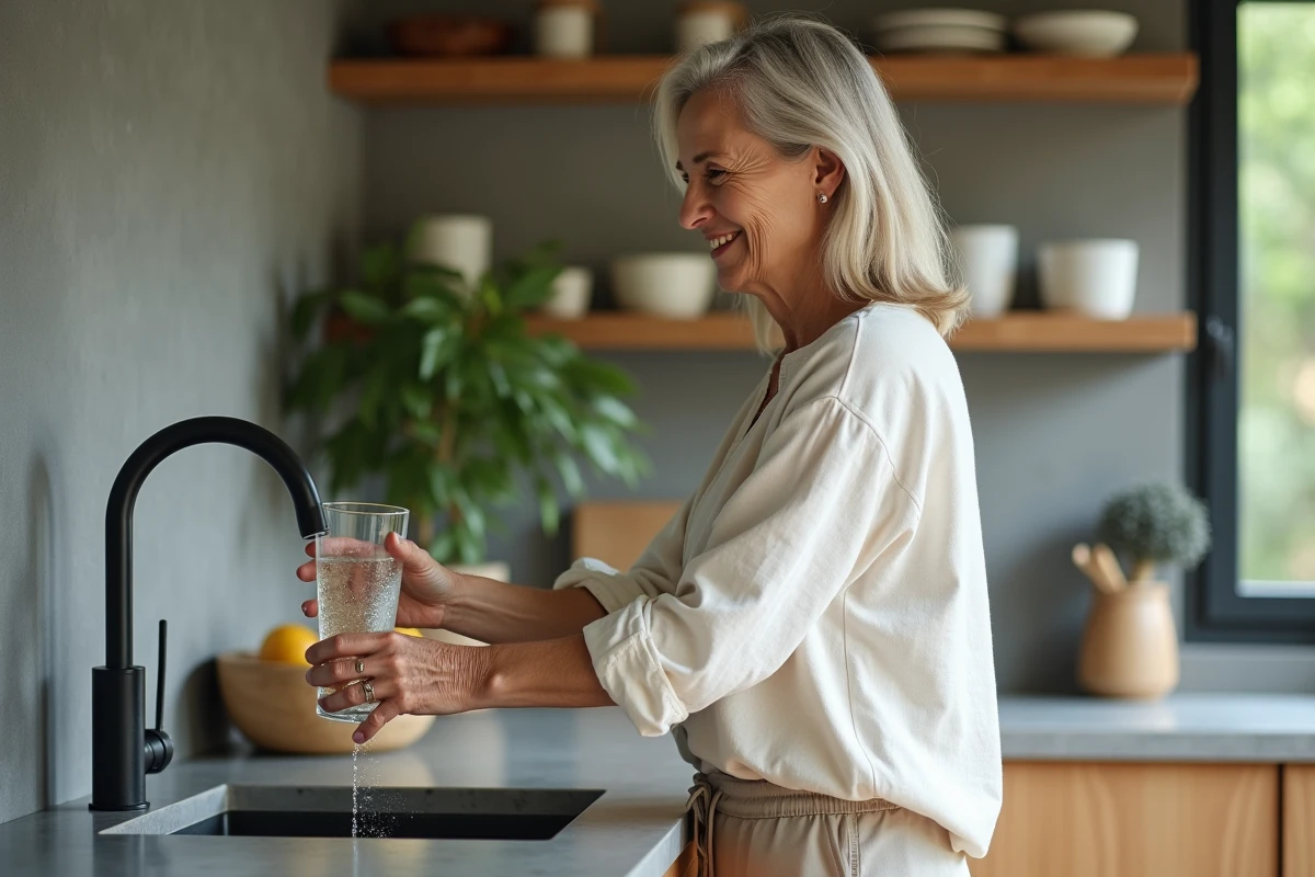 Femme âgée se servant un verre d'eau dans sa cuisine pour maintenir une bonne hydratation et prévenir les crampes dans les jambes