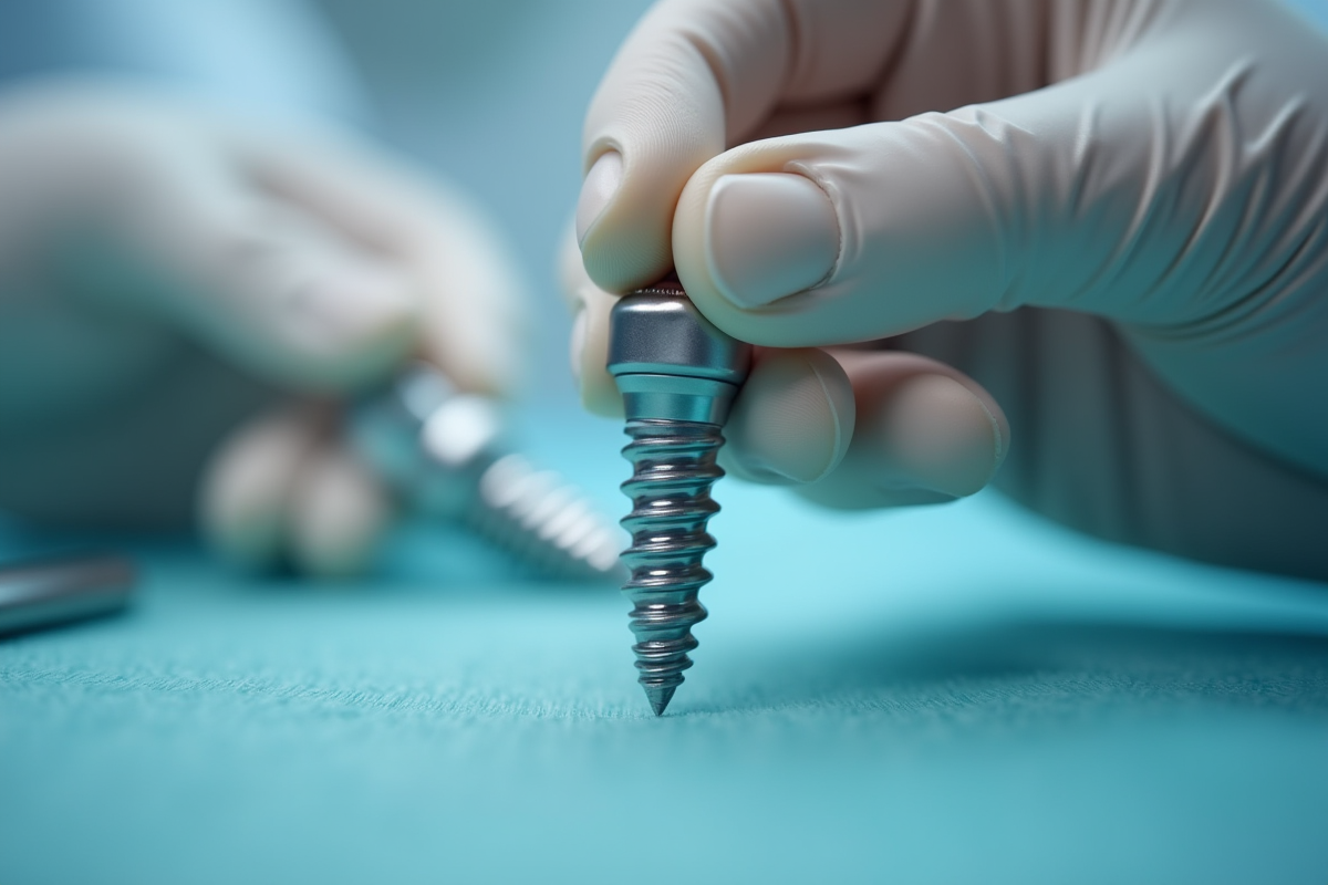 Main de dentiste tenant un implant dentaire en milieu stérile