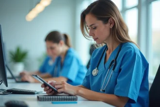Infirmière en EHPAD utilisant une tablette numérique pour saisir des données patients sur le logiciel NETSoins