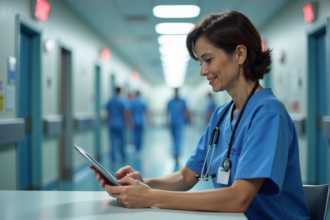Infirmière en blouse bleue consulte des dossiers sur tablette dans un hôpital