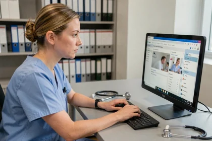Infirmière utilisant un logiciel de soins numérique sur un ordinateur de bureau dans un bureau hospitalier