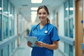 Infirmière en blouse bleue dans un hôpital moderne