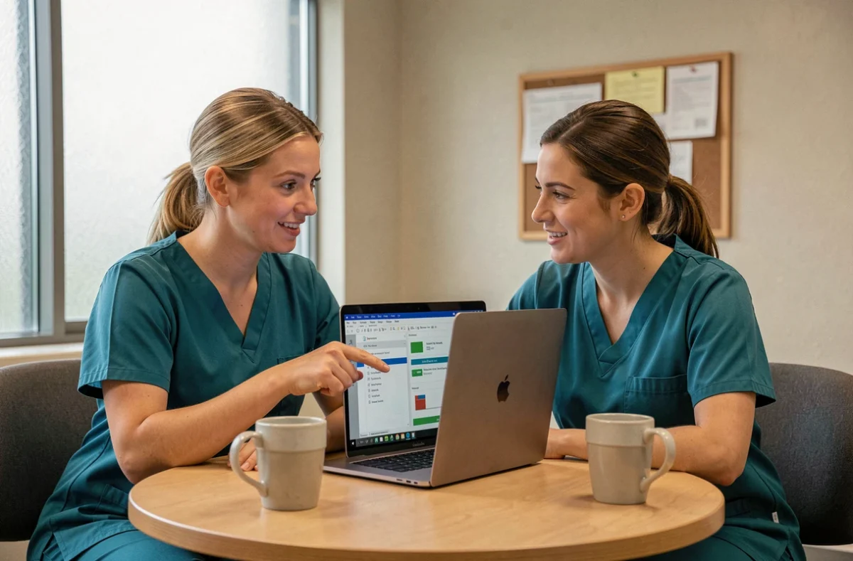 Deux infirmières comparant des logiciels de soins en salle de pause dans un établissement de santé