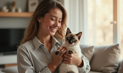 Jeune adulte souriant tenant un chat antiallergique dans un salon lumineux