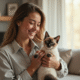 Jeune adulte souriant tenant un chat antiallergique dans un salon lumineux