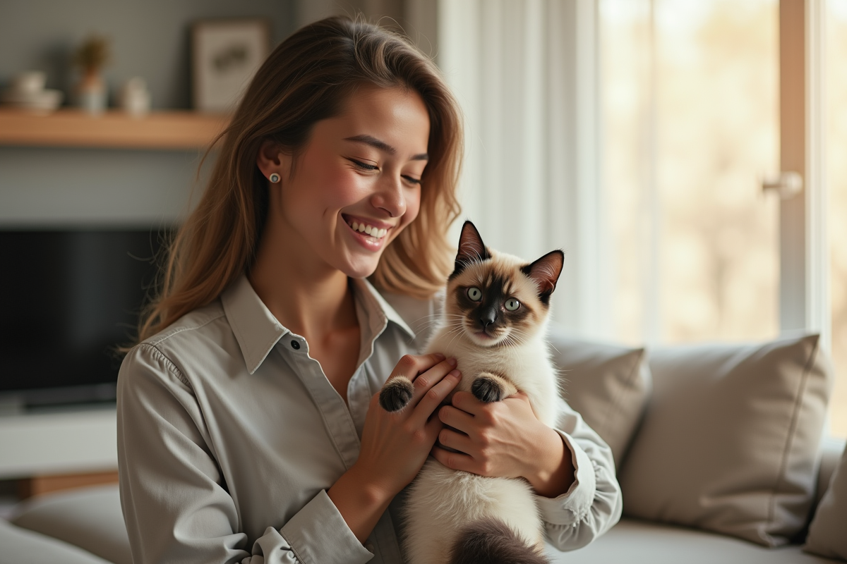 Jeune adulte souriant tenant un chat antiallergique dans un salon lumineux
