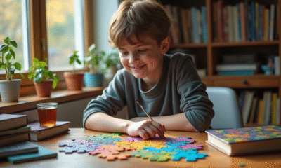 Jeune adulte concentré sur un puzzle cerveau coloré à son bureau