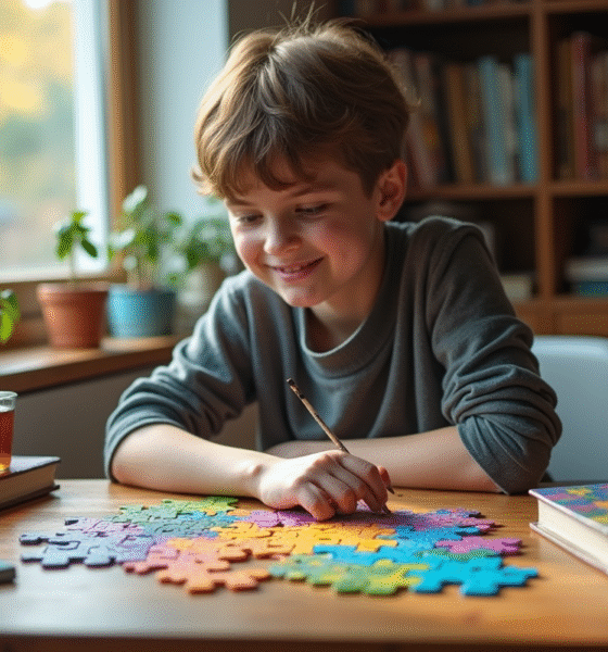 Jeune adulte concentré sur un puzzle cerveau coloré à son bureau