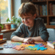 Jeune adulte concentré sur un puzzle cerveau coloré à son bureau