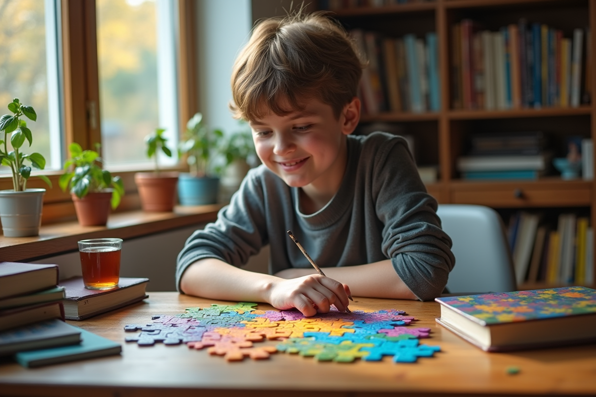 Jeune adulte concentré sur un puzzle cerveau coloré à son bureau