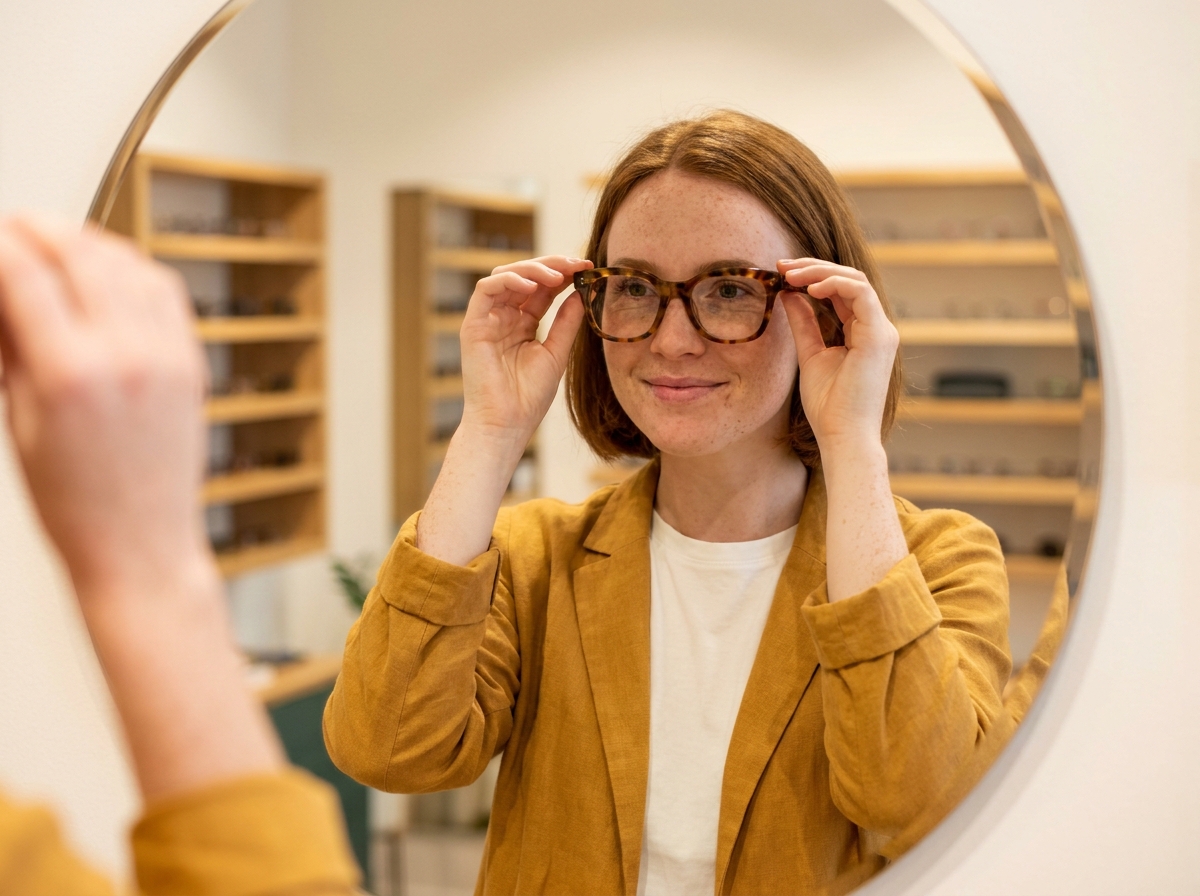 Jeune femme essayant une monture écaille devant un miroir dans une boutique d'optique, souriant de façon naturelle