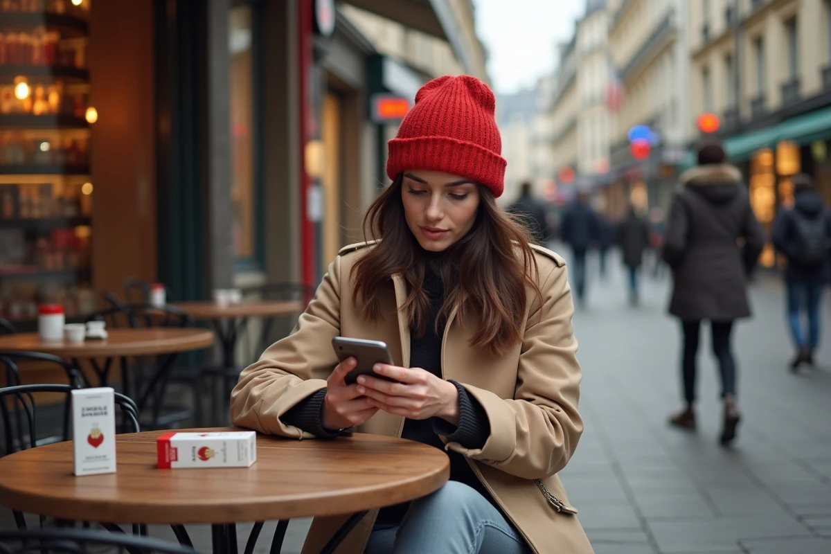 Jeune femme au café parisien examinant une cigarette et son smartphone