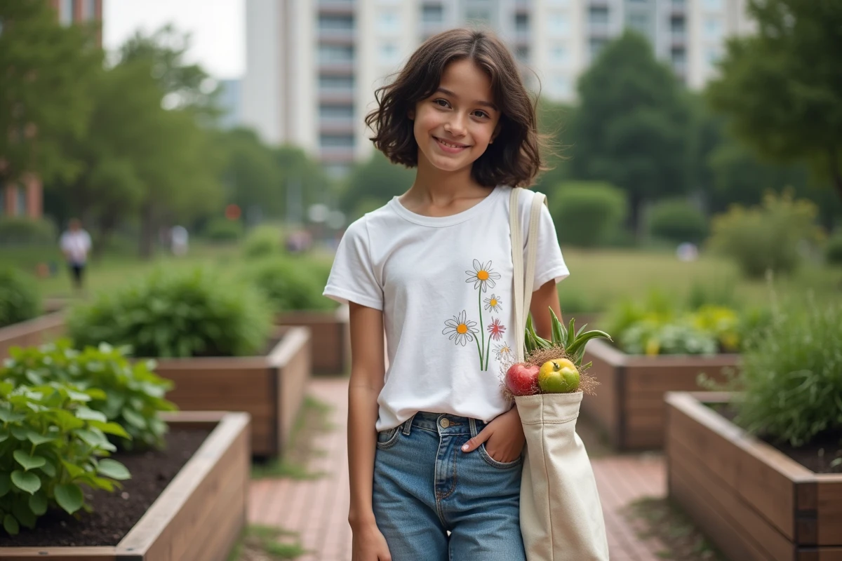 Adolescente avec sac de courses dans un jardin urbain