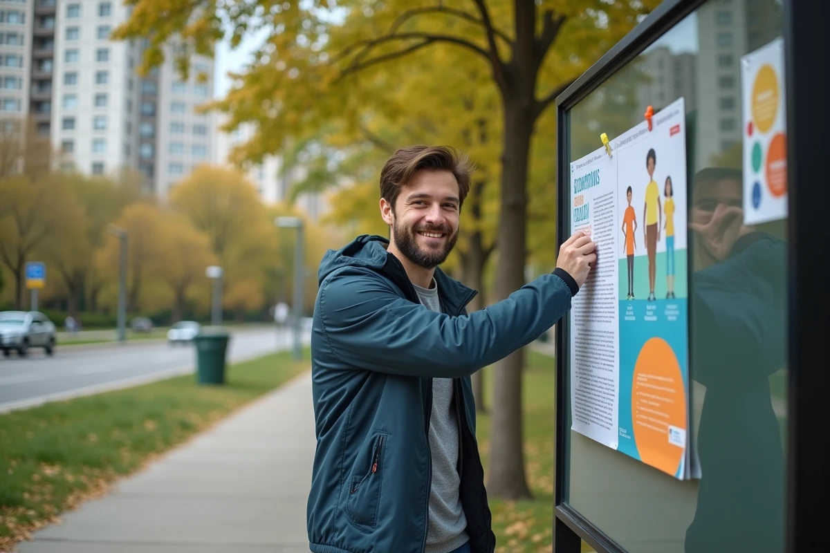 Jeune homme accroche une affiche de santé dans un parc