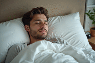 Jeune homme reposant paisiblement dans son lit moderne
