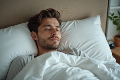 Jeune homme reposant paisiblement dans son lit moderne