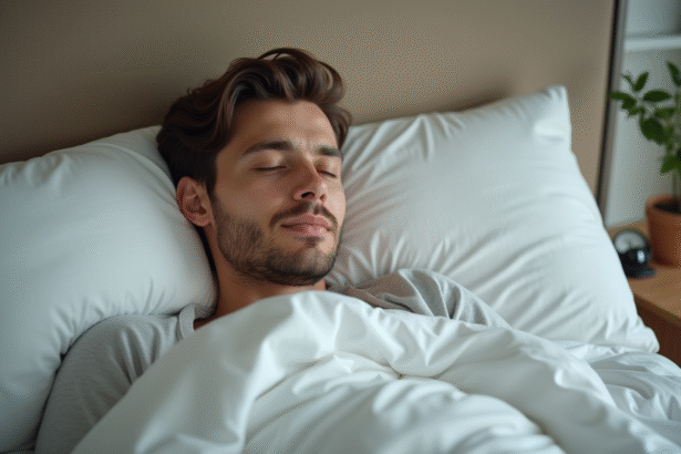 Jeune homme reposant paisiblement dans son lit moderne