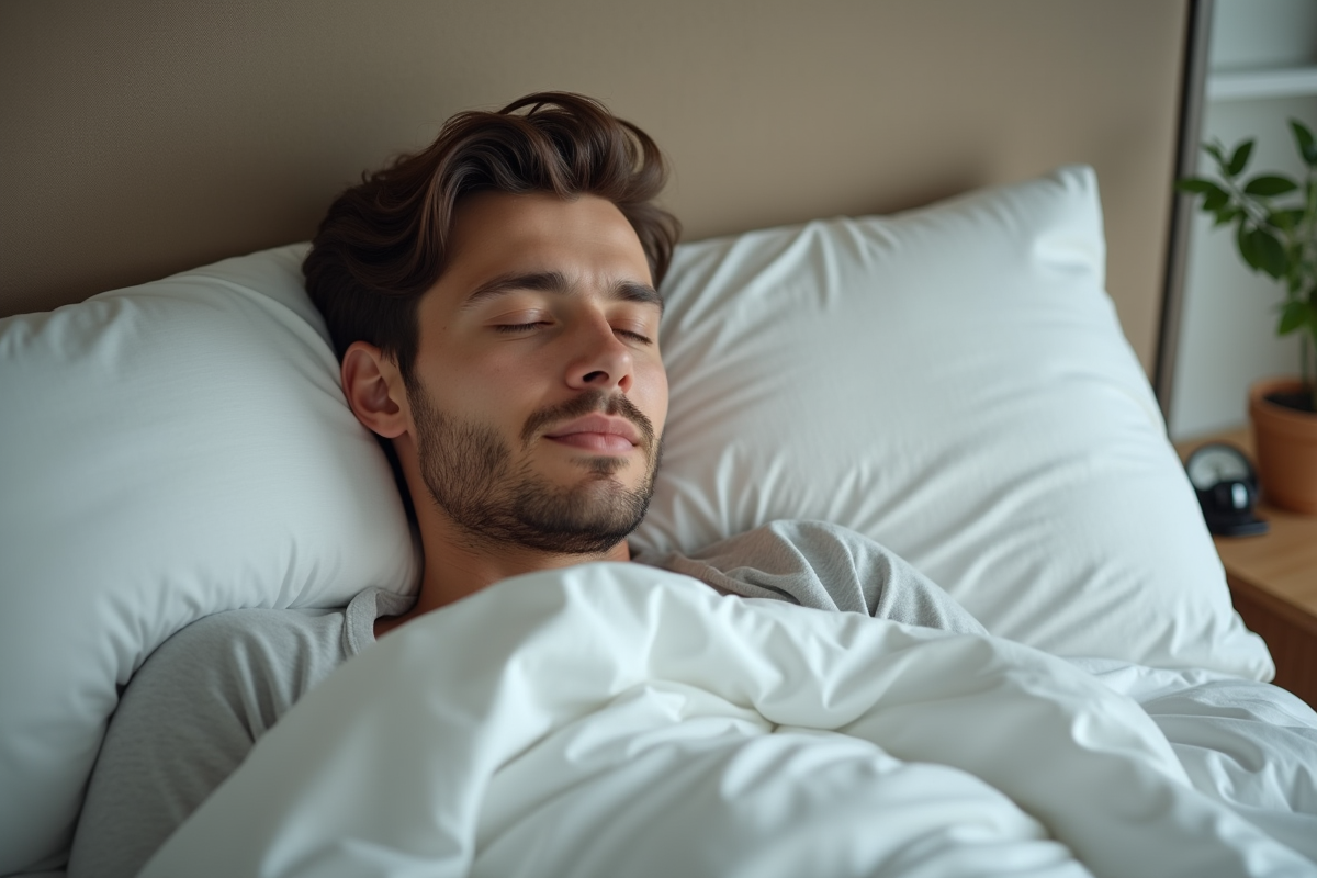 Jeune homme reposant paisiblement dans son lit moderne