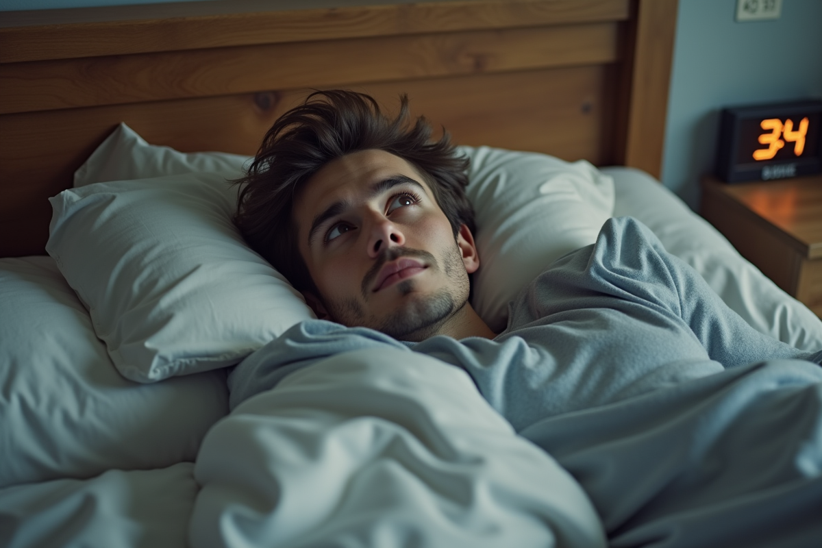 Jeune homme endormi dans son lit avec ambiance moderne