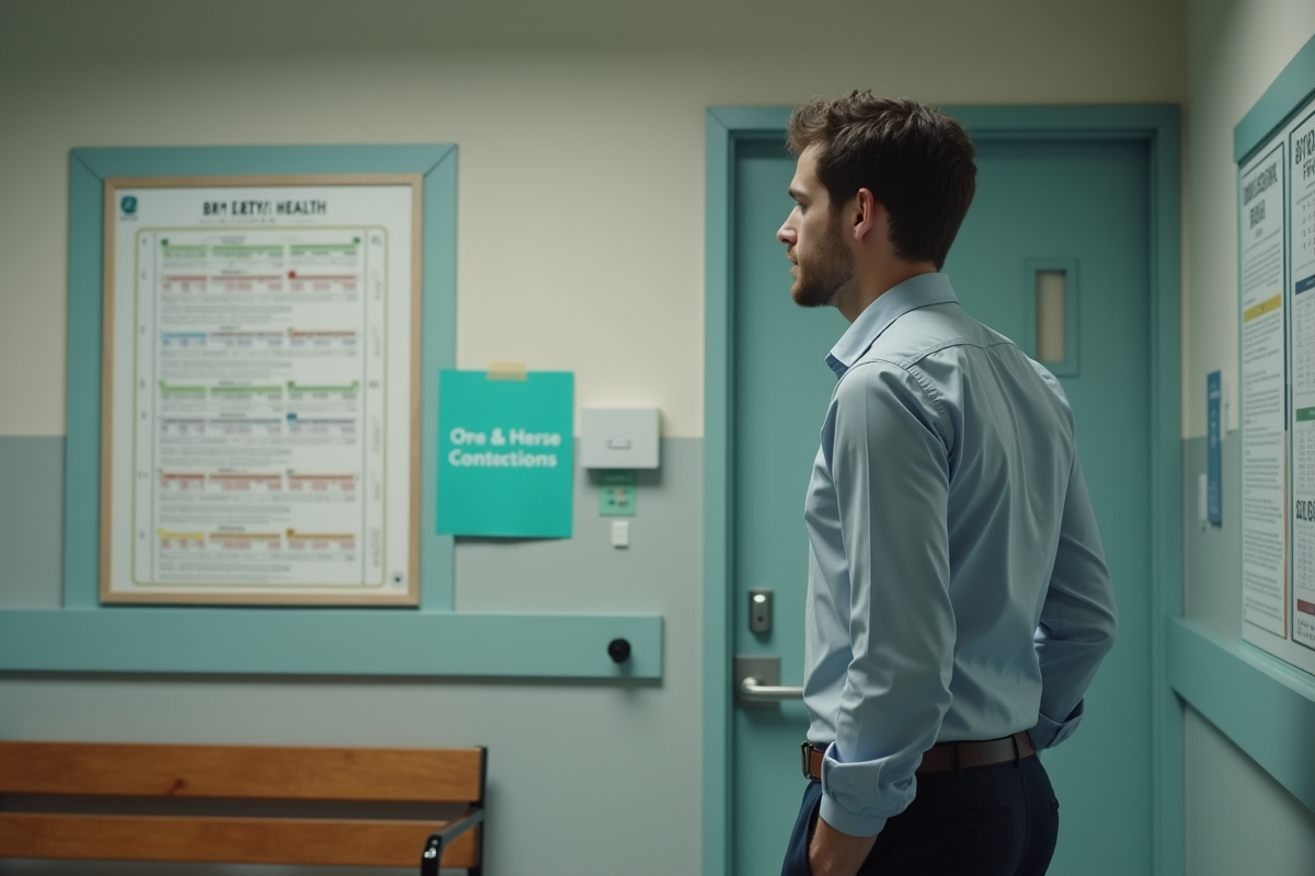 Jeune homme regardant un poster de BMI en centre de santé